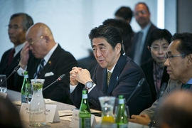 Abe addresses the crowd during a roundtable discussion on innovation