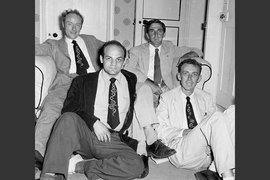 Rich (front row, left) was a member of the RNA Tie Club, which had 20 members, one representing each amino acid. Rich is joined in this 1955 photo by biophysicist James Watson (front row, right), chemist Leslie Orgel (back row, right) and molecular biologist Francis Crick. Watson and Crick together discovered the double helix structure of DNA in 1953.