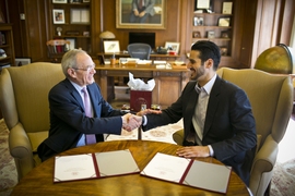 Hassan Jameel, the son of MIT alumnus Mohammed Abdul Latif Jameel ’78 (right), and MIT President L. Rafael Reif
