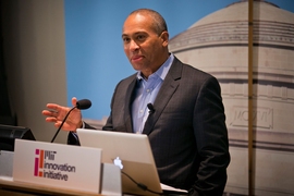 Deval Patrick speaking at an event for the MIT Innovation Initiative