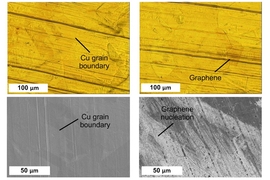 Copper substrate is shown in the process of being coated with graphene. At left, the process begins by treating the copper surface, and, at right, the graphene layer is beginning to form. Upper images are taken using visible light microscopy, and lower images using a scanning electron microscope.