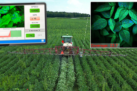 A farm vehicle uses a long arm to spray many crops. Inset on left shows an iPad with an app showing “coverage history” and speed as “good.” On left, another inset shows leaves, and the sprayed chemical shows up as bright blue.