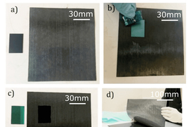 Four photos show the process of growing the carbon nanotubes. A black sheet has a layer of dark green material on top that is removed by gloved hands.